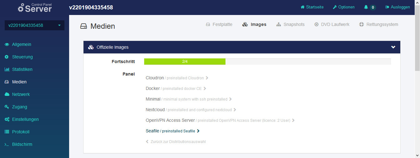 Auswahl des Seafile Images im SCP von netcup