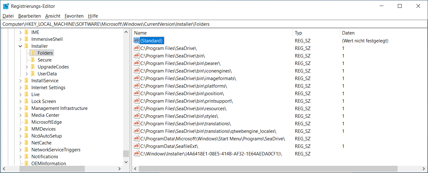 SeaDrives Registry Einträge in HKEY_LOCAL_MACHINE unter Installer\Folders